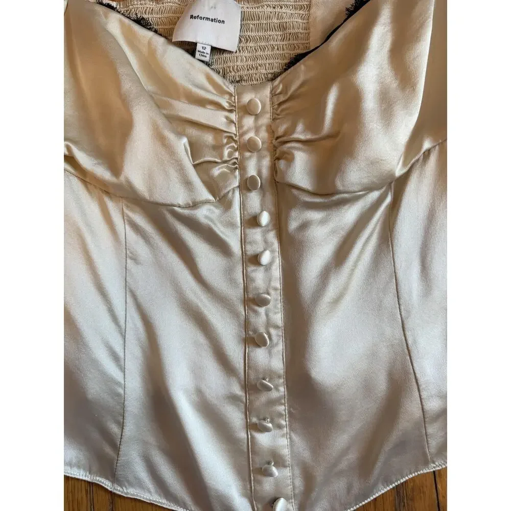 Reformation Womens Blouse sz 12 Beige Silk Puff Sleeve